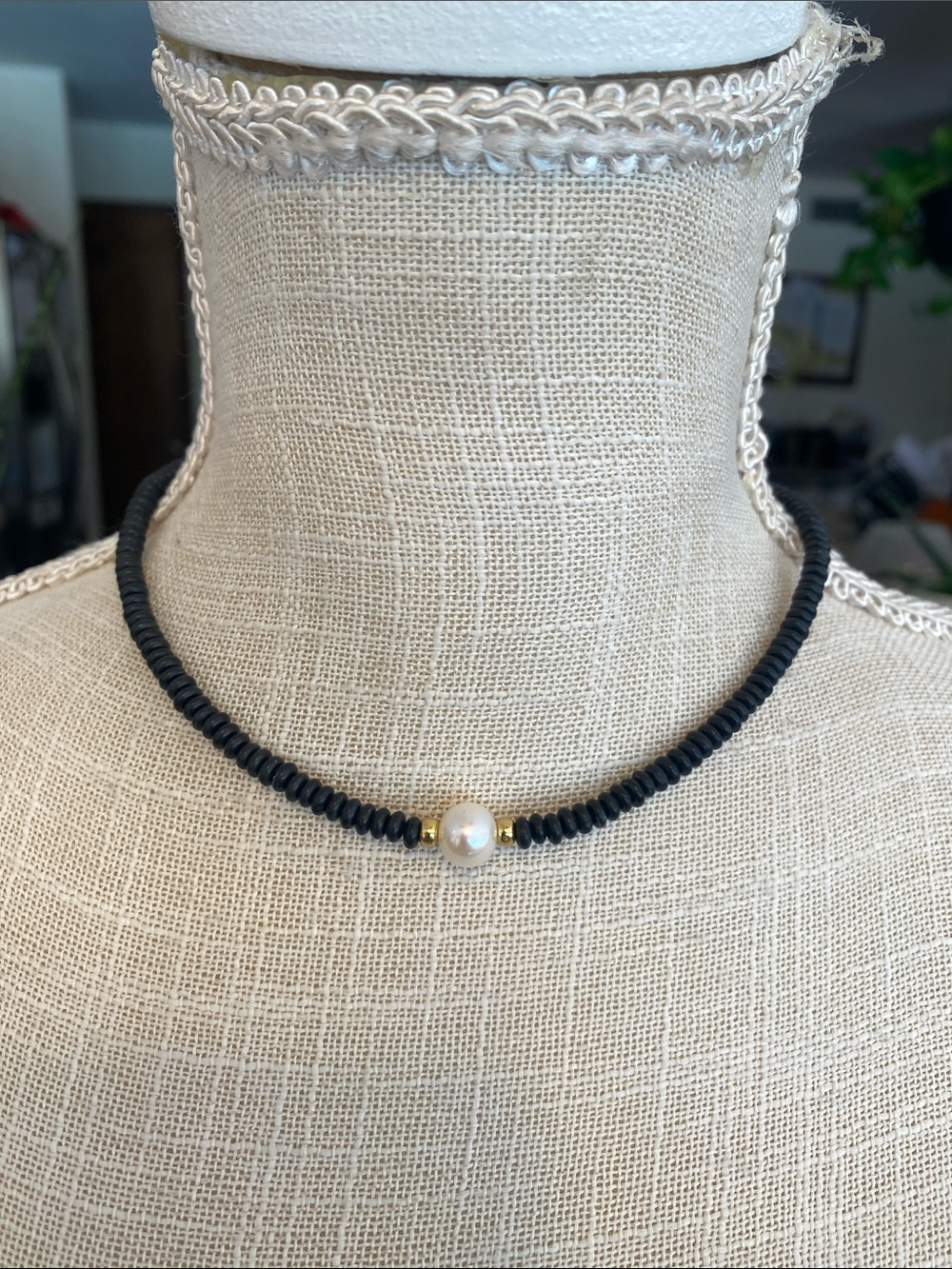 Handmade Black Beaded Necklace with Pearl Accent